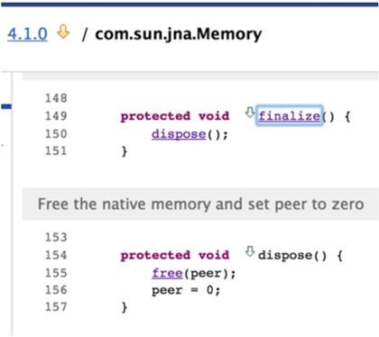 Custom code showing a look at com.sun.jna.Memory#finalize() call