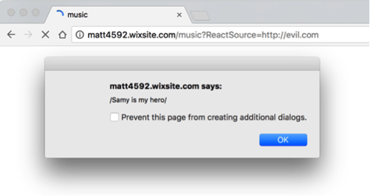 Example of DOM XSS vulnerability occurring on wix.com