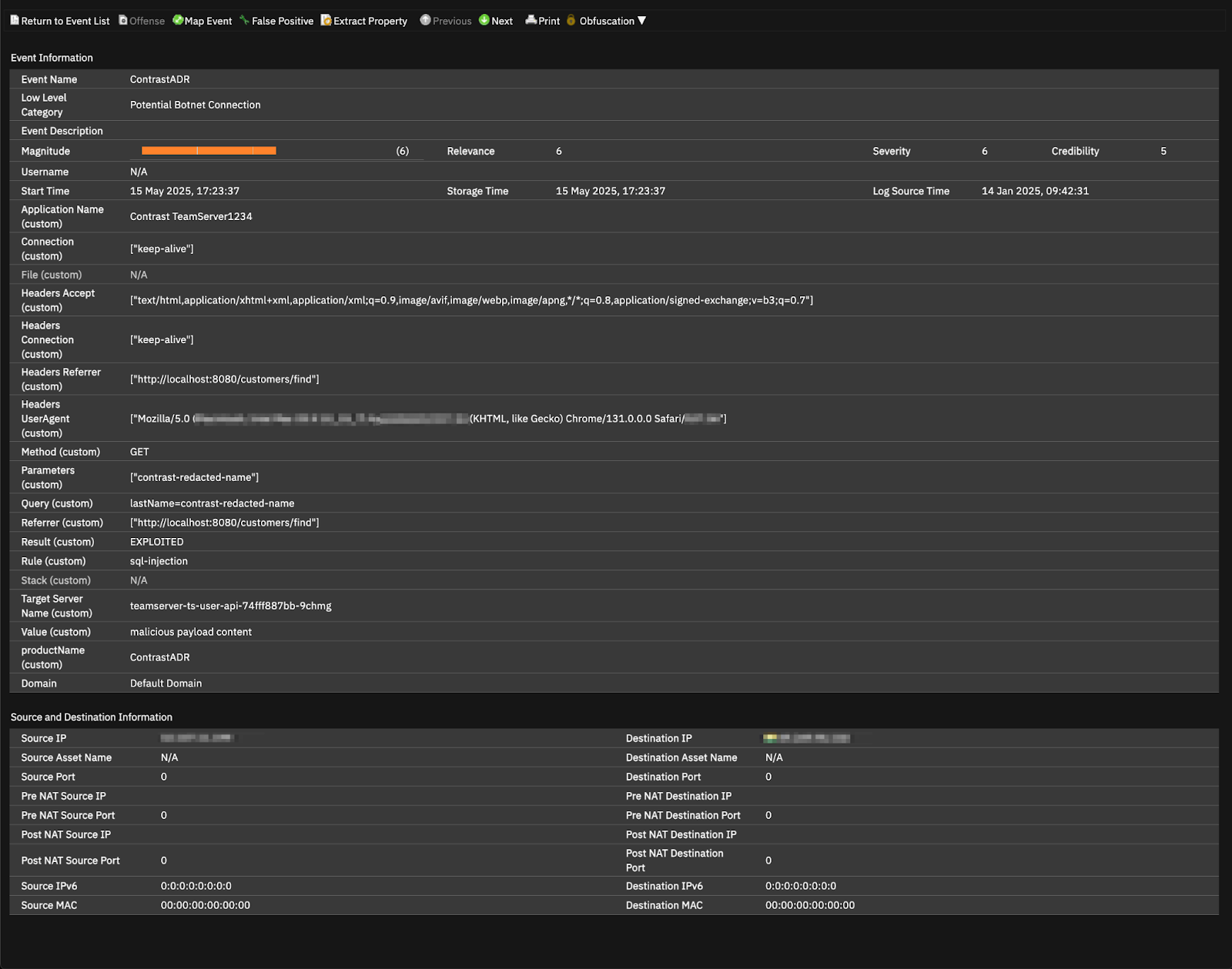 SQL injection attack on Contrast ADR UI