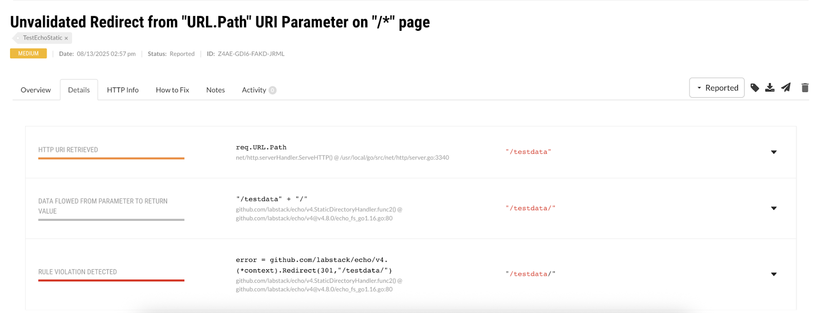 Contrast platform showing detected vulnerability